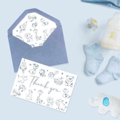 Oaken Leaford 48-Pack Baby Shower Thank You Card Set with Envelopes & Stickers, Cute Blue Cartoon Design Blank Note Cards for Newborn Celebrations - Thumbnail 4