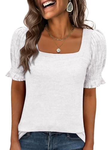 ANRABESS Womens Tops Summer Sweaters Dressy Casual Work Blouses Square Neck Ruffle Short Sleeve Tee Shirts 2026 Fashion Tunic White Medium - Image 1