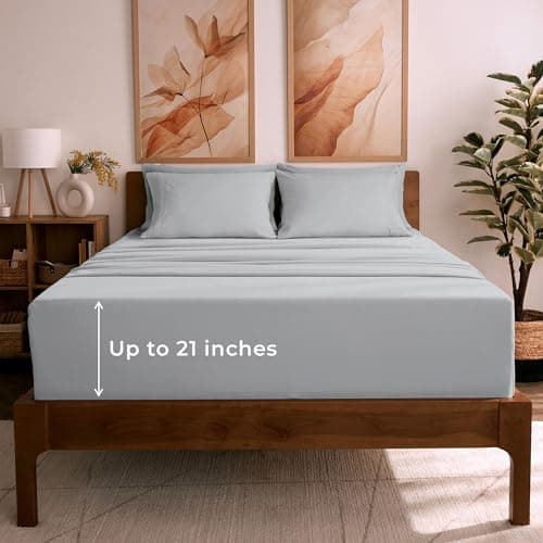 Mellanni Full Sheet Set - 6-Piece Iconic Collection Bedding, (Including 4 Pillowcases), 21-Inch Extra Deep Pocket, Easy Care, Ultra Soft, Cooling Sheets, Brushed Microfiber - Light Gray - Image 1