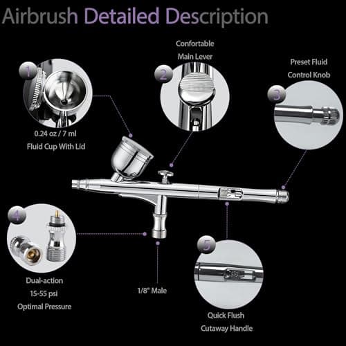RDSWA Airbrush Kit, Dual-Action Spray Gun with 0.3mm Needle Sets and Gravity Feed 7cc Fluid Cup, Air Brush Gun Ideal for Nail Paint, Makeup, Barber, Cake Decorating, Model,Tattoo Silver - Thumbnail 2