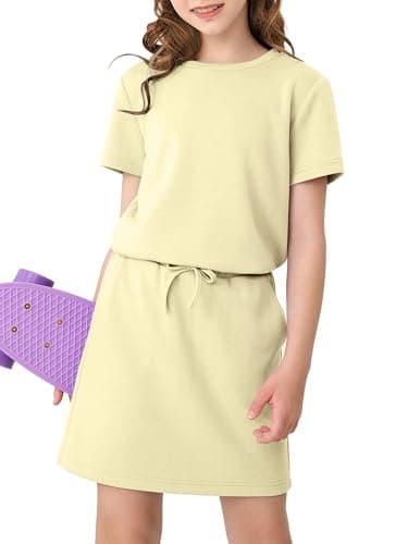 XMWEALTHY Girls 2 Piece Outfits Summer Clothes Short Sleeve T-Shirt and Drawstring Skirt Sets Kids Activewear Light Yellow 11-12Y - Image 1