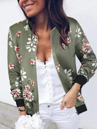 ECOWISH Women's Casual Floral Zip Up Bomber Jacket Coat Lightweight Short Camo No Lining Outwear Tops Windbreaker with Pocket 333Army Green-1 Large - Thumbnail 2