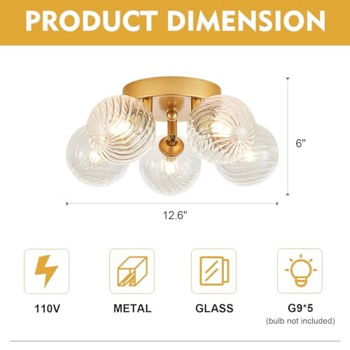 brfaixla Gold Ceiling Bubble Light Fixture Modern 5 Lights Swirled Clear Ribbed Blown Glass Ball Chandelier Semi Flush Mount Lighting Dia 12.6" for Hallway Entryway Kitchen Dining Room - Thumbnail 3