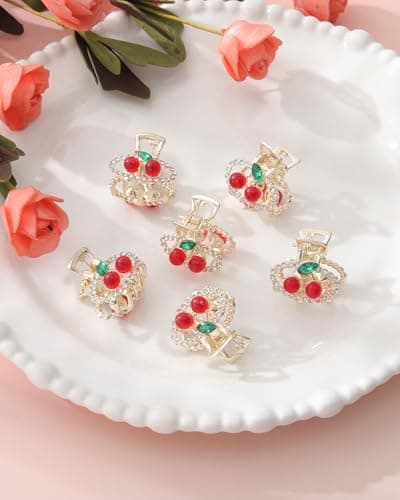 6PCS Rhinestones Cherry Small Hair Clips-Mini Claw Clips for Women, Metal Springs, Cute Hair Accessories for Updo and Half Up Styles (Oval Cherry) - Thumbnail 6