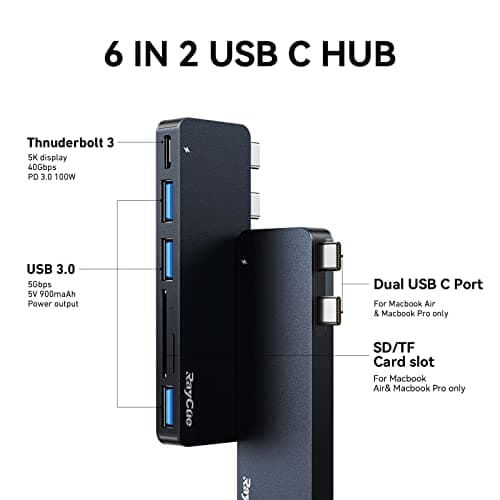 RayCue USB C Hub Adapters for MacBook Pro/MacBook Air M1 M2 M3 2023 2022 2021 2020 2019 13" 14" 15" 16", 6-in-2 Multiport MacBook Adapter with Thunderbolt 3, 3 USB 3.0 Ports, SD/TF Card Reader - Thumbnail 2