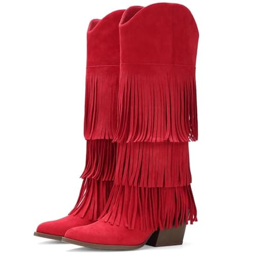 Grakihily Cowgirl Boots for Women Retro Pointed Toe Pull On Block Chunky Heel Fringe Country Concert Outfits Knee High Western Suede and Faux Leather Cowboy Boots - Image 1