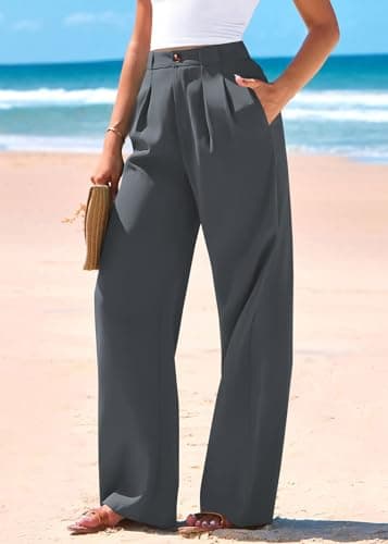 KIRUNDO Wide Leg Dress Pants for Women High Waisted Office Work Trousers Business Casual Slacks Button Flowy Palazzo Pant(Dark Grey, XX-Large) - Thumbnail 3