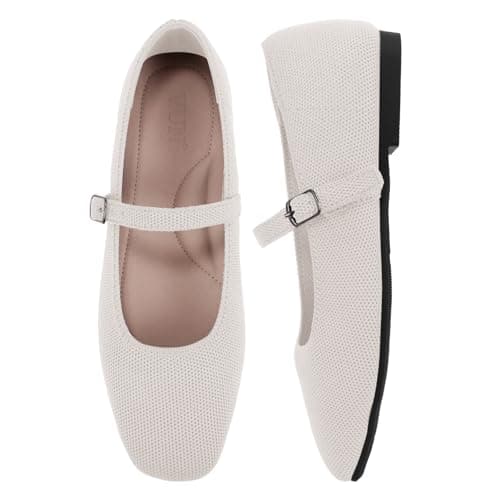 VUN Knit Flats for Women - Square Toe Ballet Flats with Adjustable Ankle Strap and Arch Support, Mary Jane Shoes for Dressy Office & Casual Comfort (Almond,8.5) - Image 1