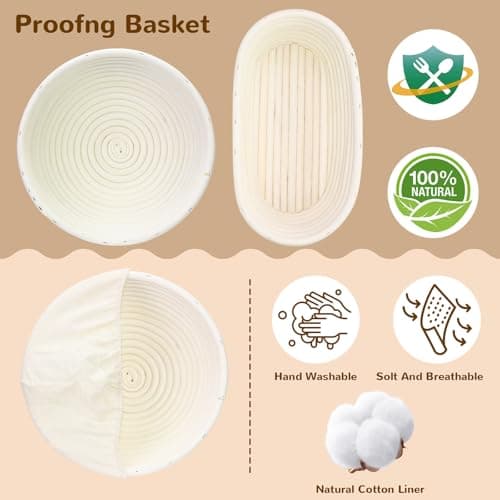 Tomshub Sourdough Starter Kit,9 Inch Round & 10 Inch Oval Banneton Bread Proofing Basket with Dough Whisk Bread Lame Dough Scraper Bowl Scraper Silicone Brush Sourdough Bread Baking Supplies - Thumbnail 5