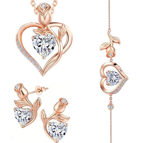 JACUPO Rose Heart Necklace Earrings Bracelet Set Moissanite/Lab-Grown Sapphire/Ruby Options S925 Silver Plated 18K White Gold Engraved I LOVE YOU Ideal for Mother's Day Proposal Gift for Girlfriend Wife (Necklace 1.2CT / Earrings 0.8CT) - Image 1