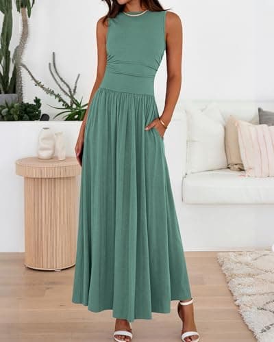 BTFBM Summer Maxi Dresses for Women 2026 Spring Sleeveless Casual Ruched High Waisted Long Sundress Flowy Beach Dress(Sage Green, Small) - Thumbnail 2