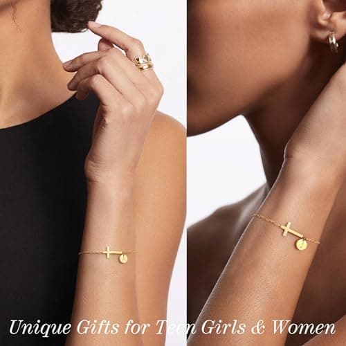 Cross Bracelet for Women, Initial Bracelets for Women Graduation Gift for Her Christian Gifts Dainty Gold W Initial Bracelet Faith Religious Baptism Gifts for Teen Mom Gift - Thumbnail 2
