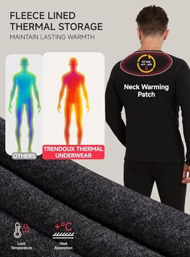 Thermal Underwear for Men Wool Long Johns Fleece Lined, Lightweight Warm Gear Set for Autumn Winter Cold Weather Top Bottom, Base Layer Thermal Long Sleeve Shirt Underpants for Running - Black M - Thumbnail 2