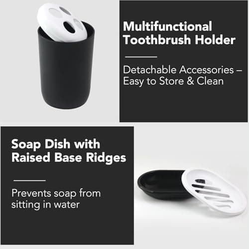 Matte Black Bathroom Accessories Set, 4 Piece Plastic Bathroom Toothbrush Holder Set, Soap Dispenser with Press-Lock, Toothbrush Holder, Soap Dish and Rinse Cup, Boho Bathroom Decor for Home Travel - Thumbnail 4