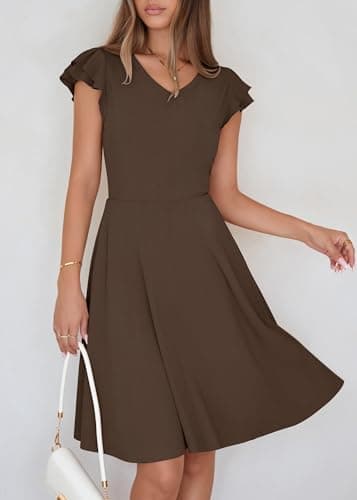 Lazysmile Summer Dresses for Women Ruffle Short Sleeve V Neck A Line Swing Ribbed Knit Casual Mini Short Dress Brown - Thumbnail 6