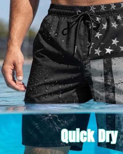 9 Inch 9in Men Swim Trunks Compression Liner Quick Dry Pocket Lined Inseam American Flag 4th July Red White Blue USA Patriotic Male Swimwear Swimsuit Swimtrunks Boardshorts Bathing Suit Beach Short - Thumbnail 5