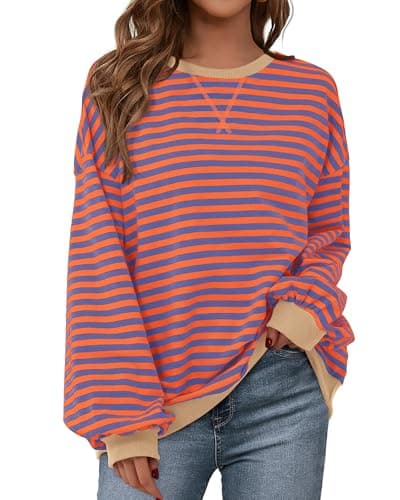 BTFBM Sweatshirt For Women 2026 Summer Crewneck Long Sleeve Oversized Striped Pullover Tops Y2K Clothes Workout Shirt(Blue Orange, Large) - Image 1