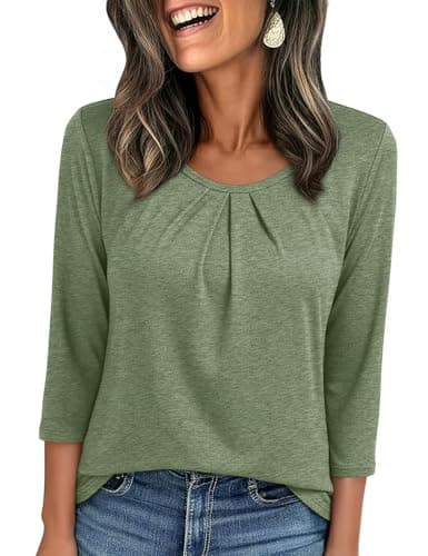 JUSTFASHIONNOW Womens 3/4 Length Sleeve Tops Crewneck Pleated T-Shirts Dressy Casual Tunic Basic Business Blouses(Light Green Medium) - Image 1