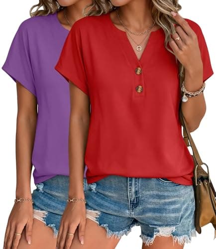 INNOVATOP 2 Pack Womens T Shirts V Neck Short Sleeve Henley Tops Work Business Casual Blouses Summer Dressy Casual Clothes Purple/Red - Image 1