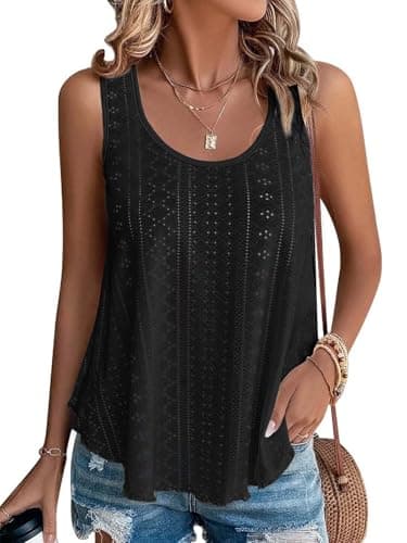 ATHMILE Womens Tank Tops Sleeveless Eyelet Embroidery Scoop Neck Loose Fit Casual Summer Flowy Beach Black - Image 1