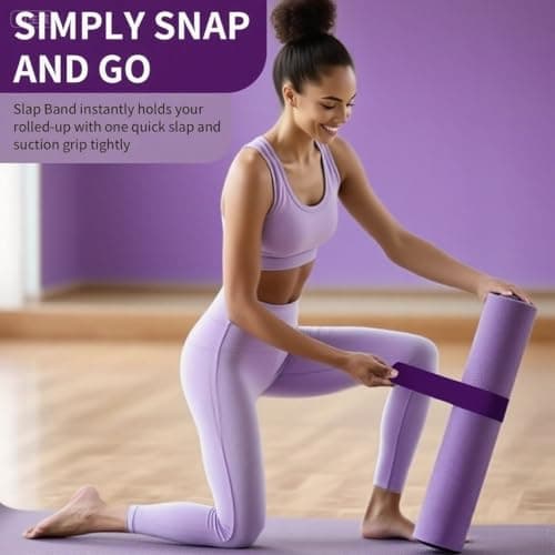 25" Long Yoga Mat Strap | Slap Band Holder for Carrying and Storage Mats | Tightly Rolled Scrunchie for Yoga Essentials Accessories (Purple) - Thumbnail 2