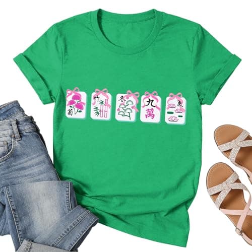 Mahjong Shirts for Women-Cute Mahjong Tshirts for Family Pink Bow Tee Ladies Mah-Jong Club Top - Image 1