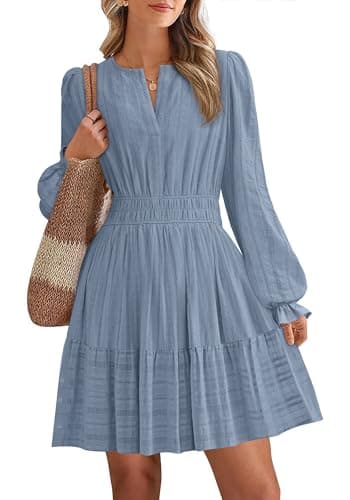BTFBM Mini Dresses for Women 2026 Casual Lightweight Long Sleeve V Neck A Line Elastic Waist Party Holiday Dress(Dusty Blue, XX-Large) - Image 1