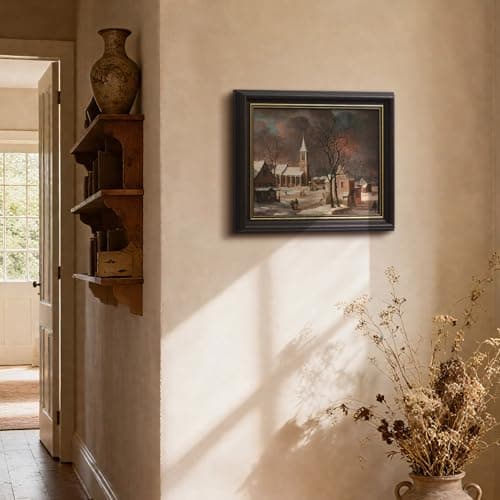 DAJONART Vintage Gold Framed Canvas Winter Wall Art, Snowy Village Scene with Church & Sleigh Printed Oil Painting Wall Decor, Framed Canvas Christmas Decor, Rustic Holiday Gift for Home, 8 x10 - Thumbnail 5