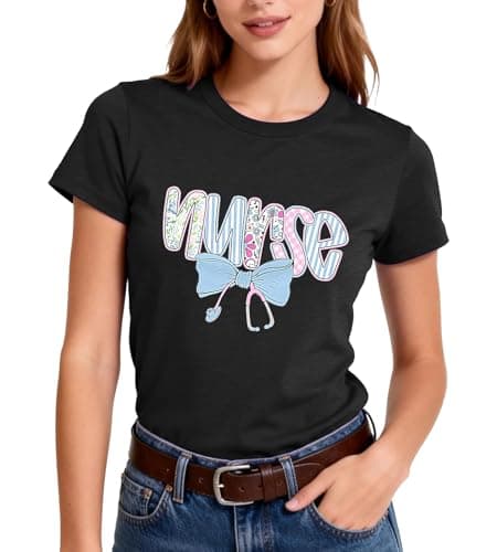 Nurse Shirt Women School Nurseing Tshirt-Bow Stethoscope Teet Ops Vintage Floral Nurse Tee B-Black - Thumbnail 2