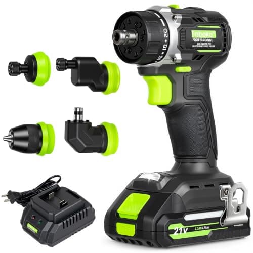21V 5-in-1 Brushless Cordless Multi-Head Drill Driver Kit, 60Nm Professional Electric Drill/Driver, 2.0Ah Battery & Fast Charger, Variable Speed, LED Light, Belt Hook, 2-Speed (0-450/0-1800 RPM)