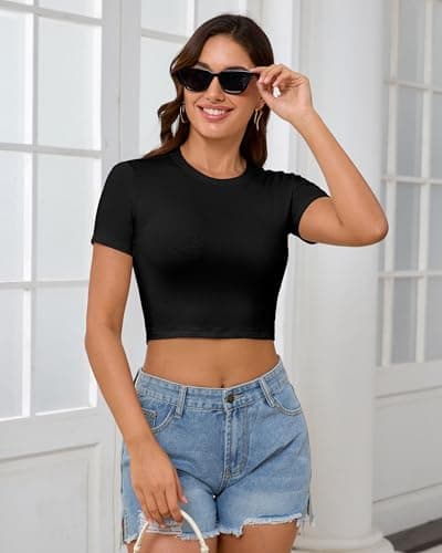 Abardsion Women's Baby Tees Slim Fit Crew Neck Short Sleeve Crop Tops - Basic Y2K T Shirts for Summer Daily Wear & Workout Black X-Small - Thumbnail 2