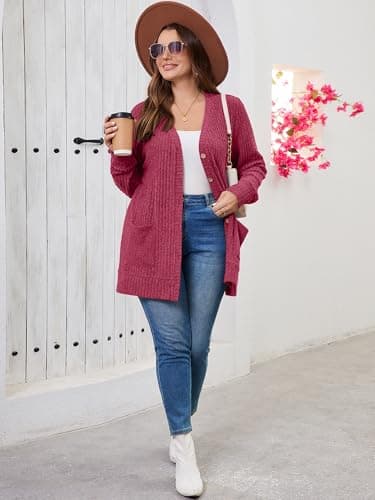AusLook Plus Size Women Long Sleeve Cardigan 1X Jujube Red Open Front Button Down Lightweight Casual Sweater Cover Ups Shrugs Shawls and Wraps Kimono Jacket Coat with Pockets - Thumbnail 4