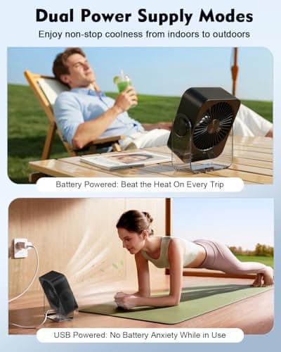 Ehoyal Small Desk Fan Quiet: Rechargeable 5000mAh Battery Powered, 199 Speeds Strong Wind, 120° Tilt Adjustable, 6.6" Portable Desktop Fan for Bedside Sleeping Camping Home Office Travel, Black - Thumbnail 3