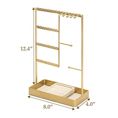 PiQi-Grecge Jewelry Organizer, 4-Tier Earring Holder Organizer with Metal Tray, Jewelry Holder Stand for Necklaces Stud Earrings Bracelets and Rings, Earring Organizer (Gold) - Thumbnail 6