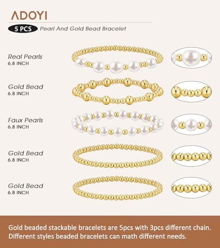 adoyi Gold Bracelets for Women, 14K Gold Plated Beaded Bracelets Stack Trendy Stackable Bracelet Set Strand Stretch Pearl Ball Bracelet Bracelet Set Jewelry for Gifts Set for Women Gift 6.8 inches - Thumbnail 6