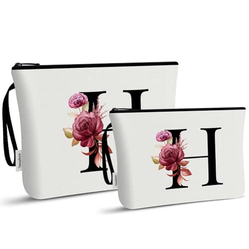 Vavabox A-Z Personalized Makeup Bag, Birthday Gifts for Women Mom, Gifts for Best Friend, Bride Bridesmaid Cosmetic bag (H, 03-White Set) - Image 1