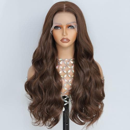 13x6 Lace Front Wig 26 Inch Long Wavy Synthetic Hair Chocolate Brown