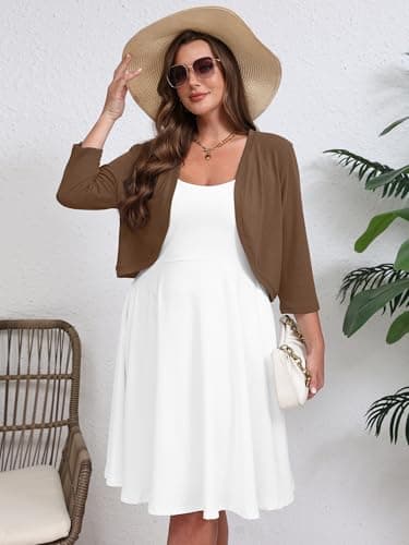 AusLook Plus Size Women Bolero Shrugs 3/4 Sleeve Coffee 3X Open Front Knit Lightweight Coat Cropped Tops Shawls and Wraps Cardigan Dressy Sweater Clothes - Thumbnail 5