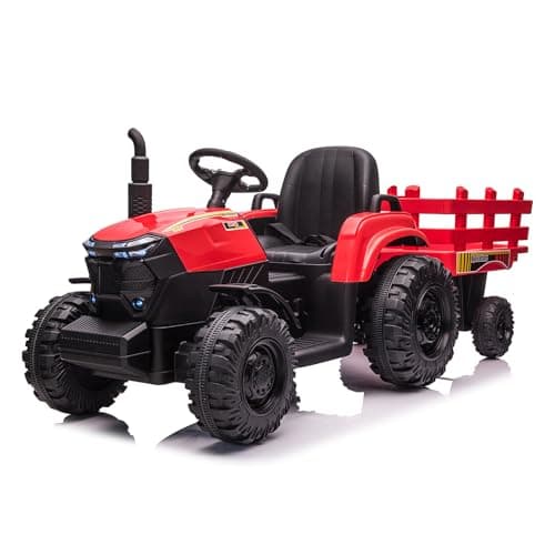 Garvee Kids Ride On Tractor with Trailer, 12V Electric Ride On Car with 35W Dual Motors, 3-Speed Gear Shift, LED Lights, Music & USB, Battery Powered Ride On Toy for Boys & Girls Ages 3+, Red