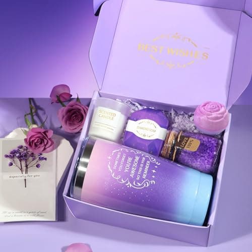 Birthday Gifts for Women, Mothers Day Gifts for Mom, Wife, Her, Friend, Teacher, Nurses, Coworker, Self Care Spa Baskets Set, Thank You Gift for Women Purple - Thumbnail 3