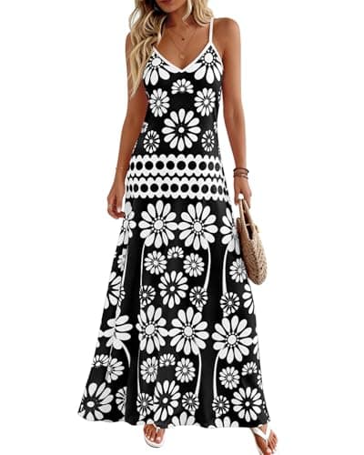 Zenlonr Womens Summer 2026 Wedding Guest Maxi Dresses Sphagetti Strap V Neck Floral Boho Long Dress Vacation(Black White Flower,X-Large) - Thumbnail 2