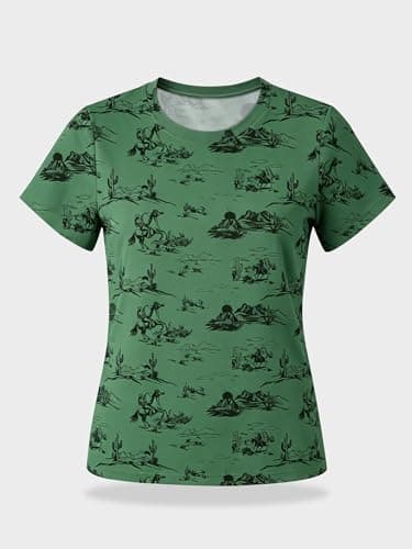 Women's Western Graphic Tees Summer Short Sleeve Rodeo T Shirts Crew Neck Casual Cute Cowgirl Tops Outfits Green - Thumbnail 4