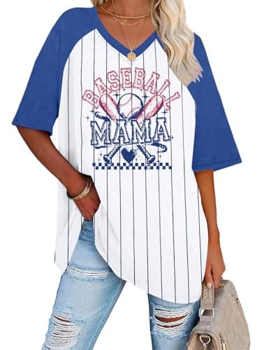 Retro Baseball Mama Shirt Women - Oversized Baseball Season Game Day Shirts Graphic Print Casual Short Sleeve Tee Tops B Blue - Image 1