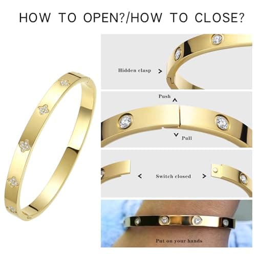 BOLAGTIER Gold Plated Bangle Bracelets for Women Four Leaf Clover Lucky Love Cubic Zirconia Bracelet (Clover Gold-Small) - Thumbnail 5