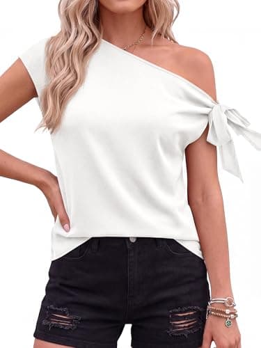 BTFBM 2026 Off The Shoulder Tops for Women Summer Shirts Short Sleeve Satin Blouses Silk Going Out Top Beach Vacation(White, Small) - Thumbnail 5
