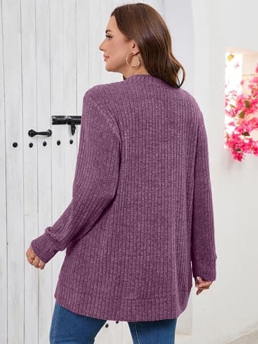 AusLook Plus Size Women Long Sleeve Cardigan Purple 5X Open Front Button Down Lightweight Casual Sweater Cover Ups Shrugs Shawls and Wraps Kimono Jacket Coat with Pockets - Thumbnail 2