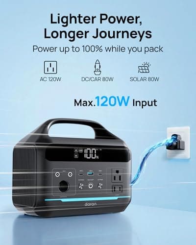 DARAN Portable Power Station 600W(1200W Surge) - 288Wh(90,000mAh) Solar Generator LiFePO4 Battery with AC DC Outlets, 8.3LB Portable Charging Station for Camping, RV, Home, Emergency (Solar Optional) - Thumbnail 3