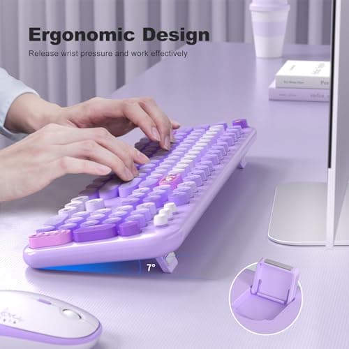 Wireless Keyboard and Mouse, Typewriter Full Size Keyboard with Number Pad and 2 in 1 USB Connected Mouse for Windows 7/8/10, Laptop, Desktop, PC, Computer (Purple Colorful) - Thumbnail 5