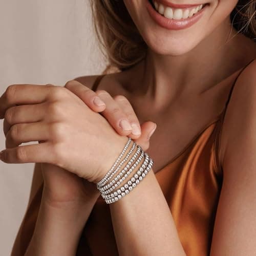 adoyi Silver Bracelets for Women, 14K Gold Plated Stackable Bead Ball Bracelet stack Set Trendy Adjustable Non Tarnish Jewelry Sets for Womens Gifts - Thumbnail 2