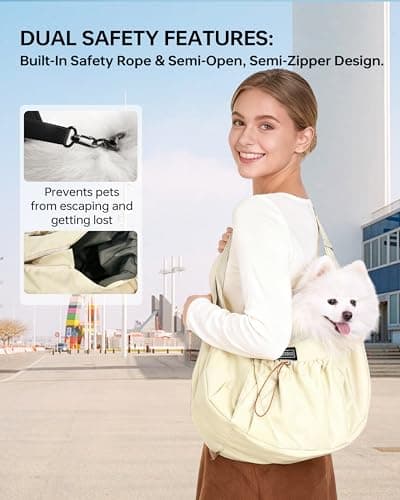 Puppy Sling Carrier for Small Dog-Widened and Thickened Shoulder Strap with Storage Pocket, Adjustable Hands-Free Small Dog Carrier Sling for Outdoor,Cat&Dog Sling Carrier 7-15 lbs, (Light Yellow). - Thumbnail 2